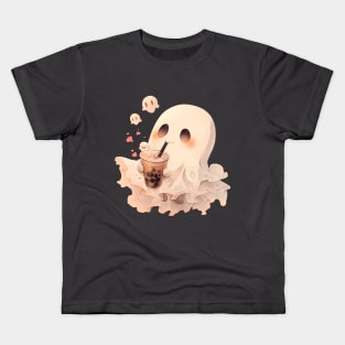 Spooky Sheet Ghost enjoying boba tea on Halloween Kids T-Shirt